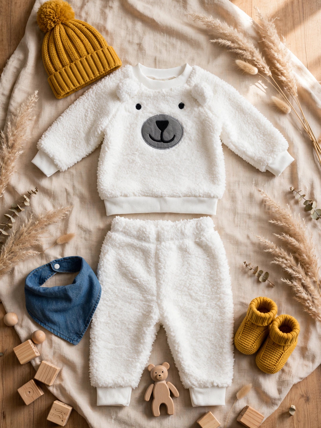 White Polar Bear Sherpa 2-Piece Set - Fluffy Sweater & Jogger Pants | 6-12 Month