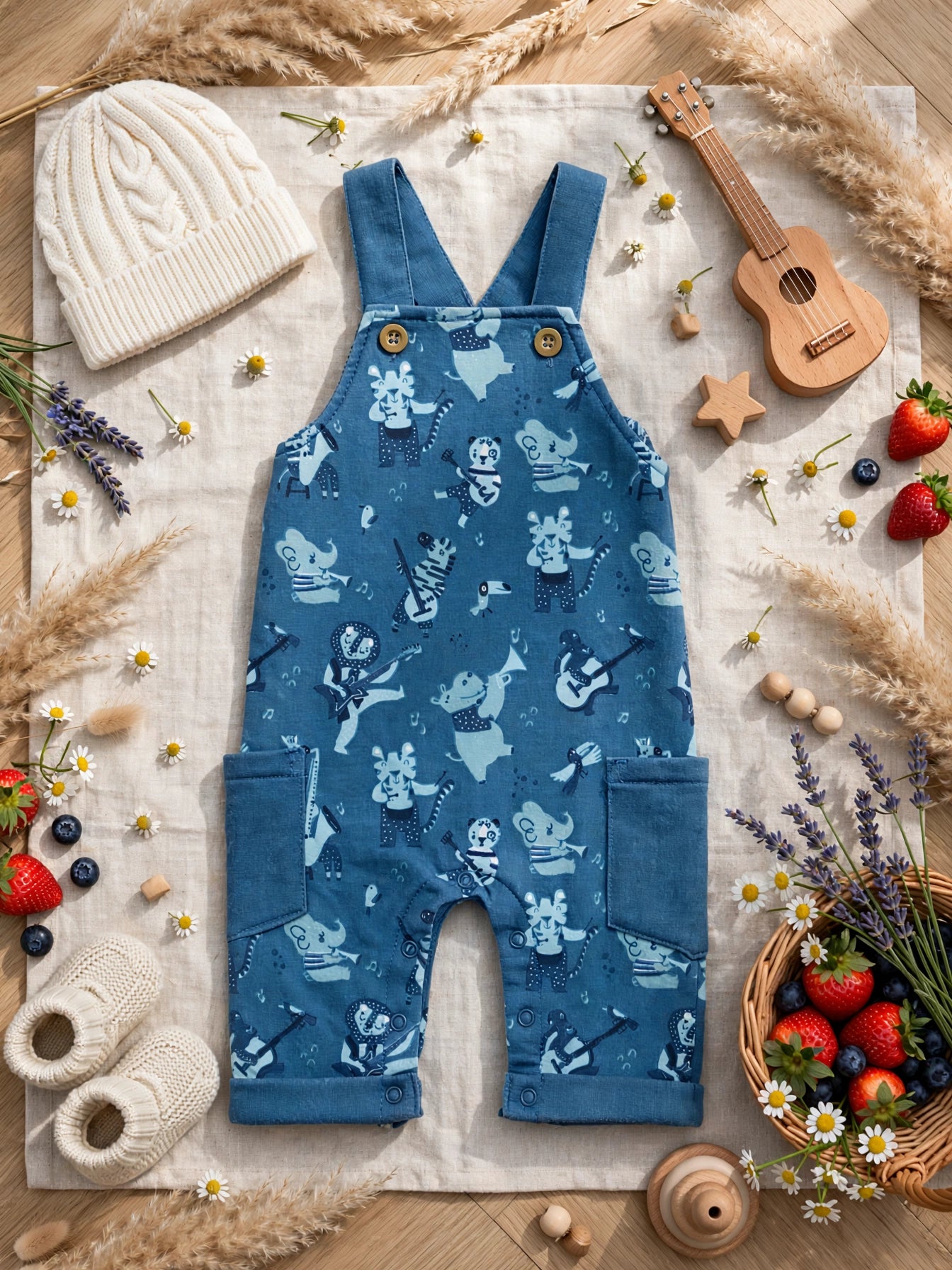 Woolies Babes Baby Denim Dungaree Jumpsuit - Animal Band Print | 0-3 Months