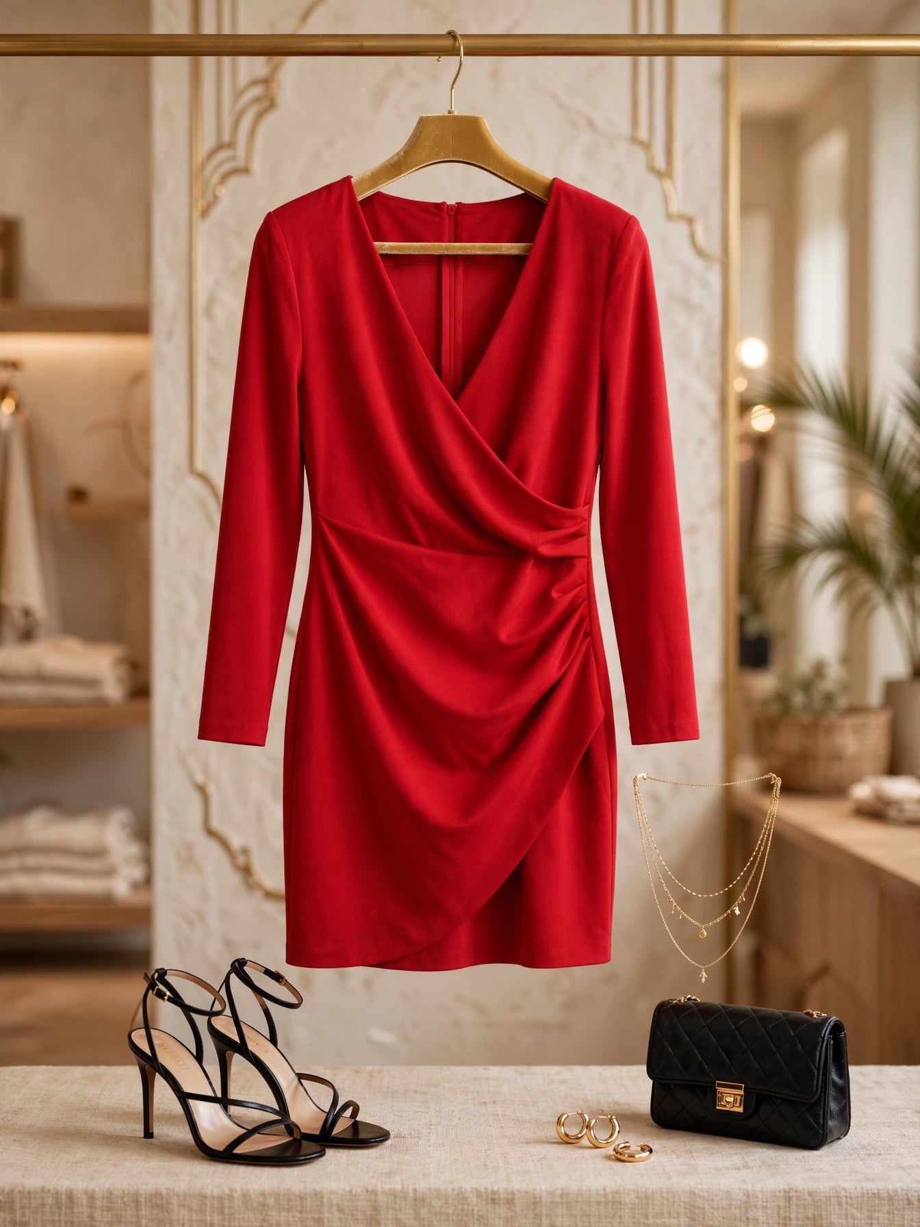 Foschini Red Long Sleeve Bodycon Ruched Cocktail Dress - Size Large