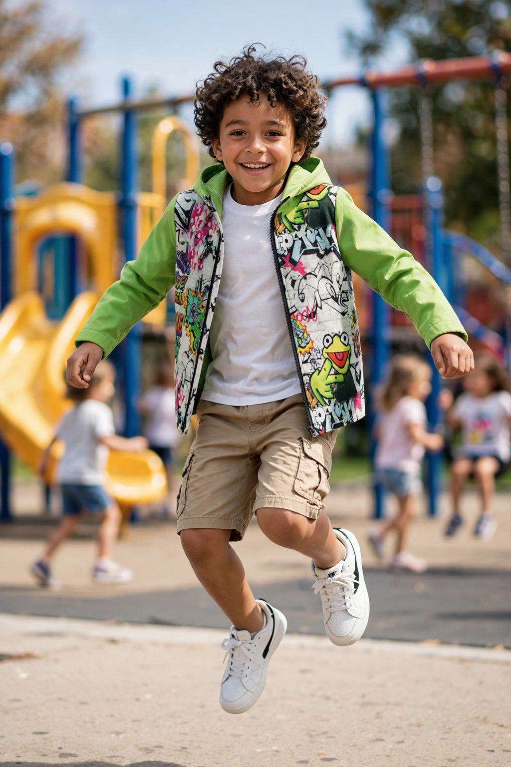 Kids Lime Green 80s Graffiti Kermit Softshell Jacket - Size 7 to 8 Years