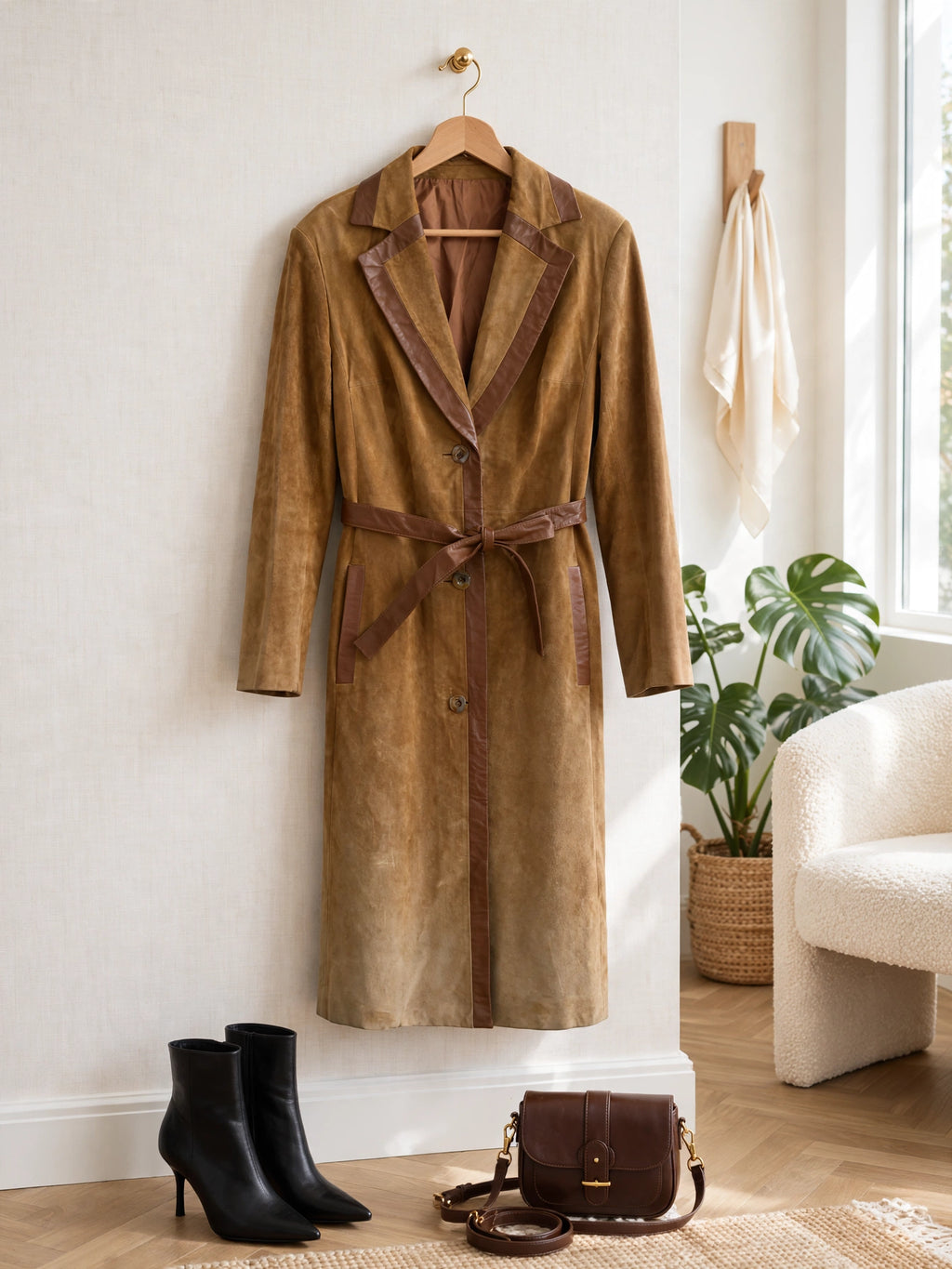 Vintage 70s Camel Suede Trench Coat with Chocolate Leather Trim - Size Medium