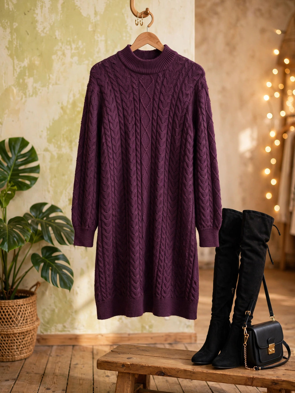 Women's Plum Tango Cable Knit Sweater Dress - Size XL