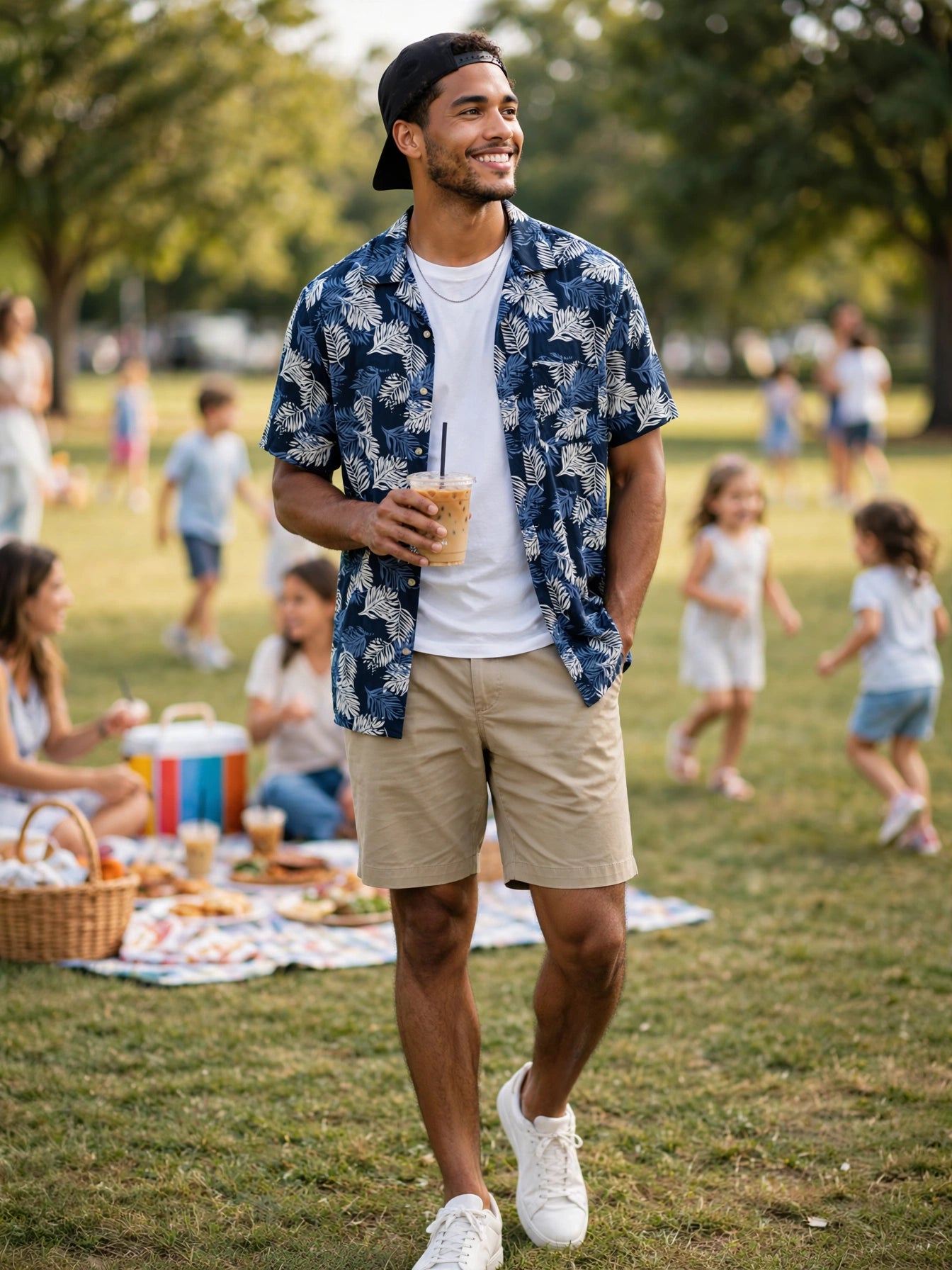 Men's Navy White Stone Harbour Tropical Leaf Print Shirt - Size 2XL
