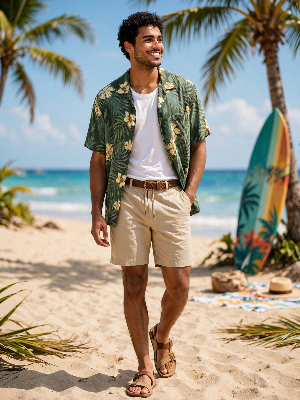 Men's Green & Gold Hibiscus Blue Harbour Tropical Silk Shirt - Size Large