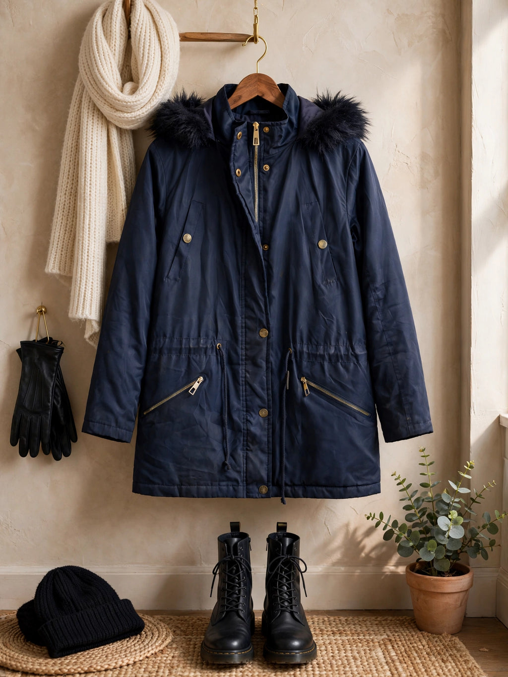 Navy Parka Exact Jacket with Faux Fur Hood - Size 36