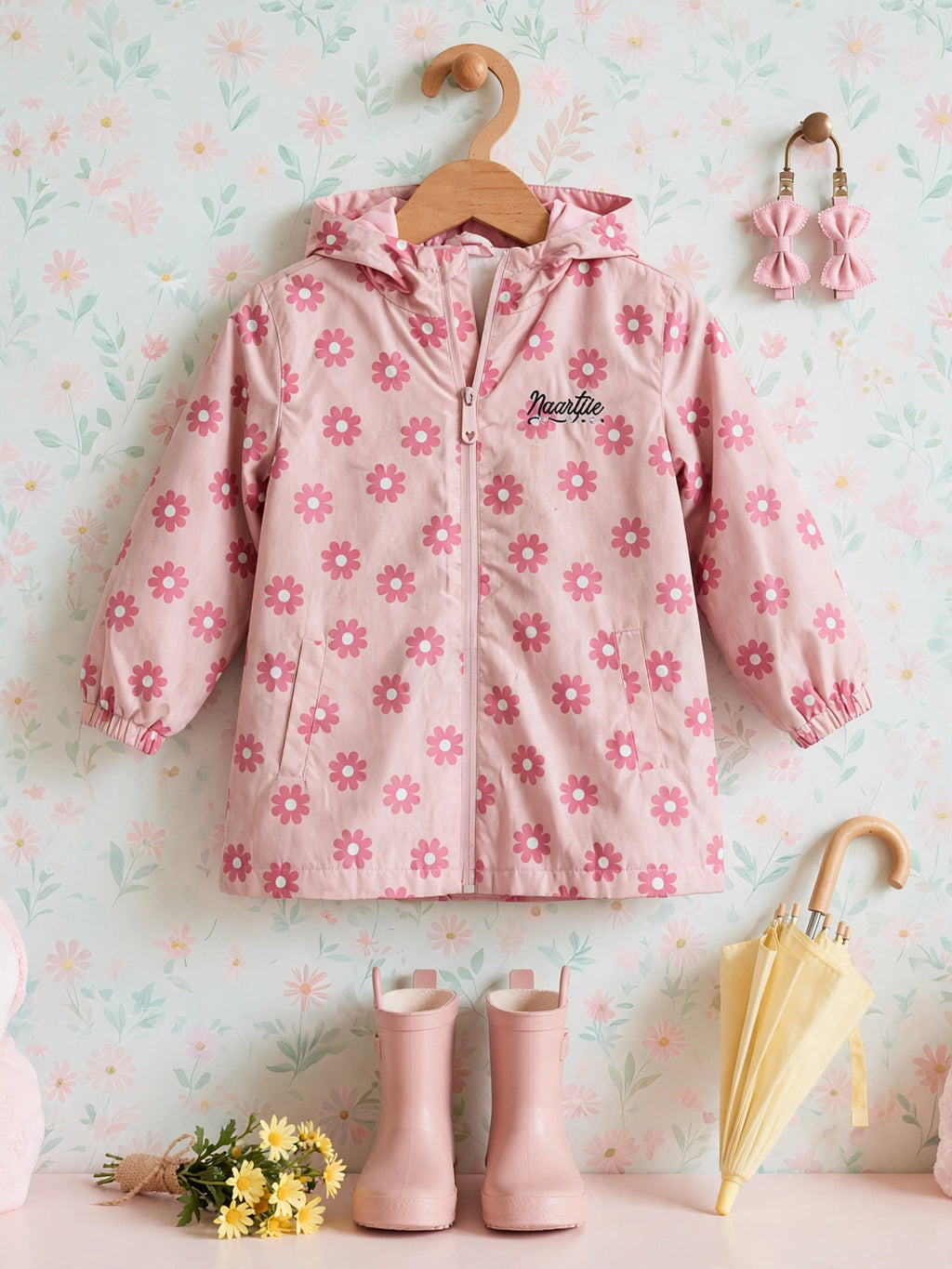 Naartjie Girls Pink Daisy Fleece-Lined Hood Rain Jacket - Size 3-4 Years