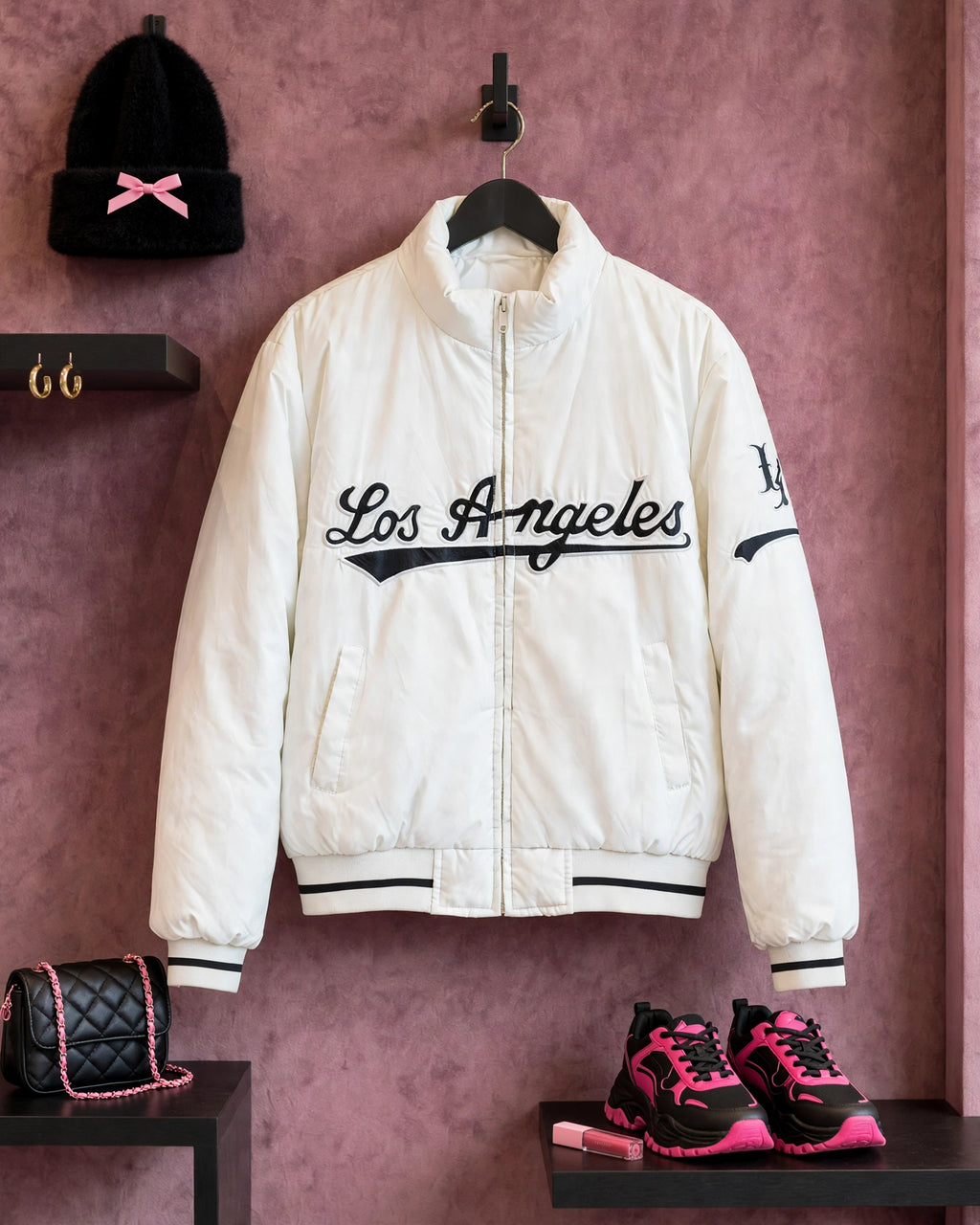Angeles White with Black Detail Puffa Bomber Jacket - Size XL