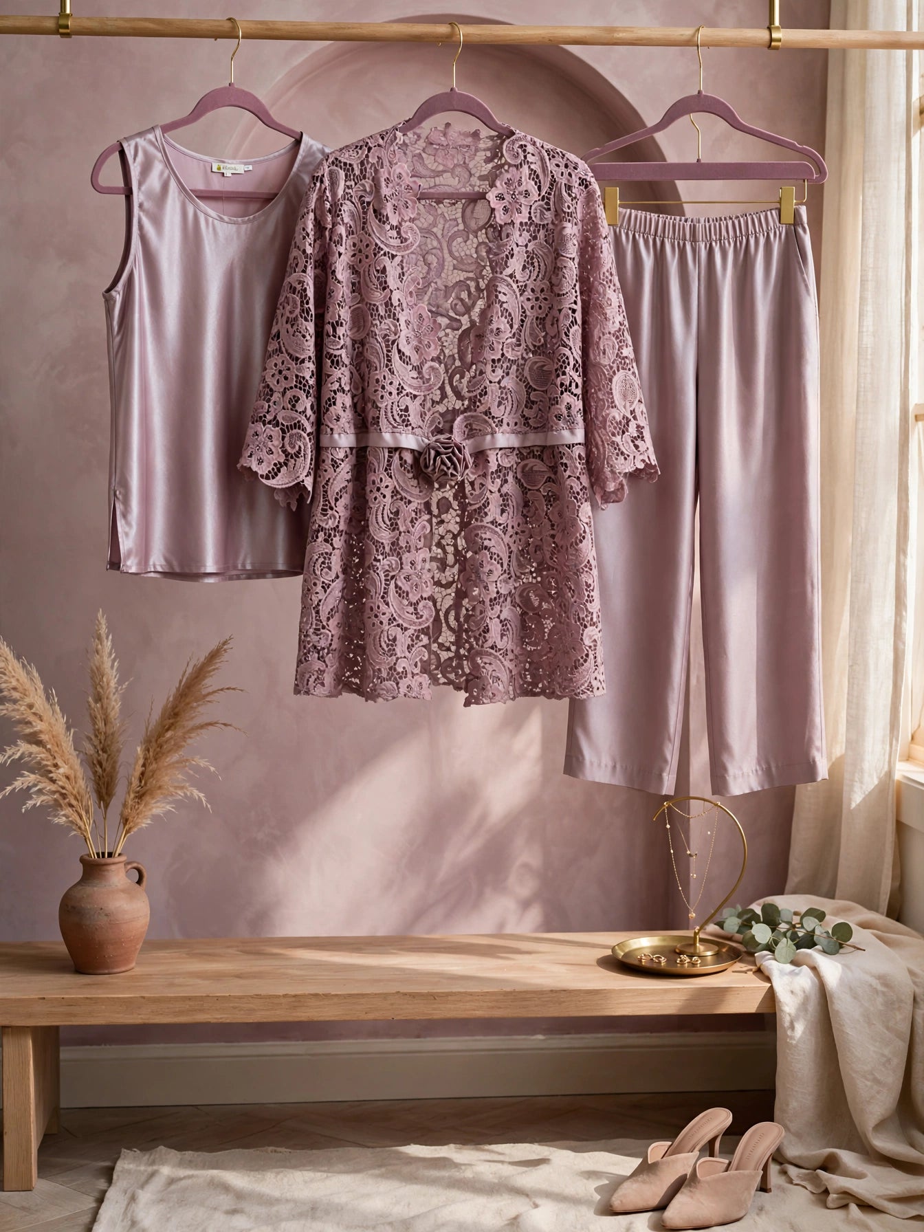 Three Piece Dusty Mauve Lace Kimono Mother of the Bride Suite - Size XL