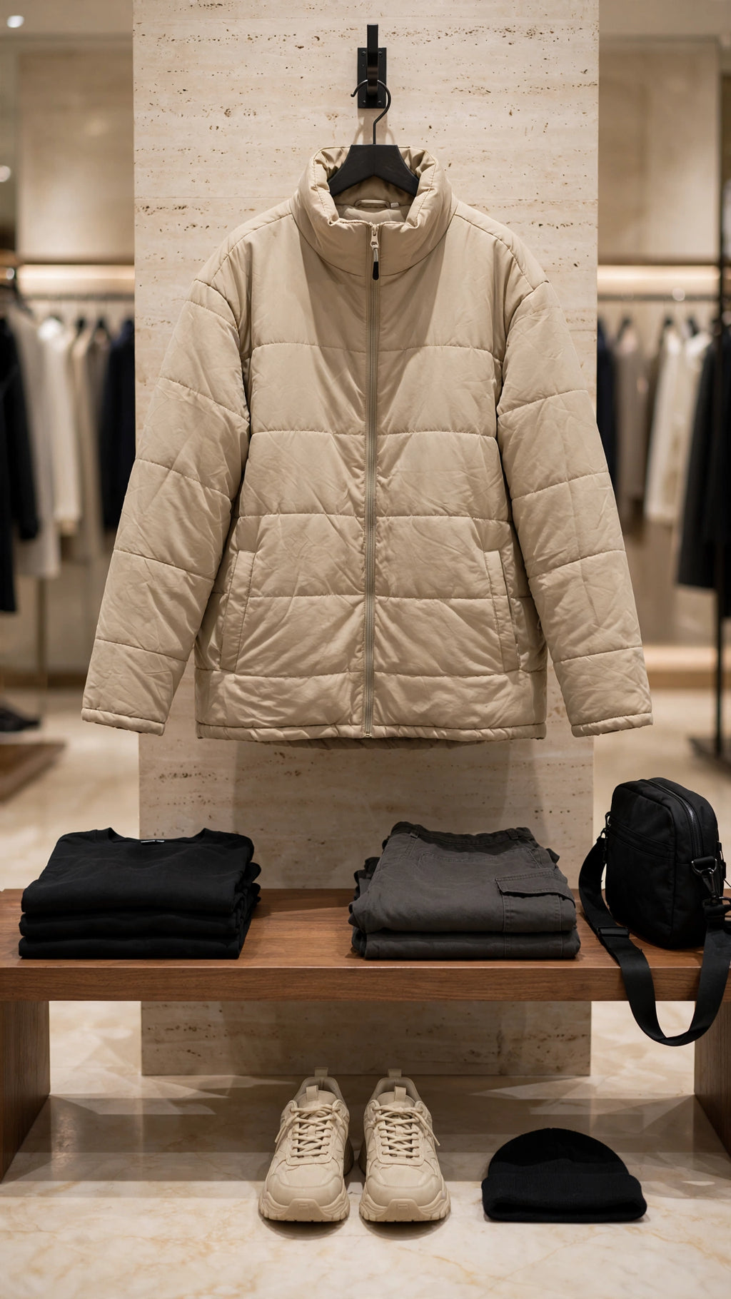 Men's US Basic Beige Puffer Jacket - Size 5XL
