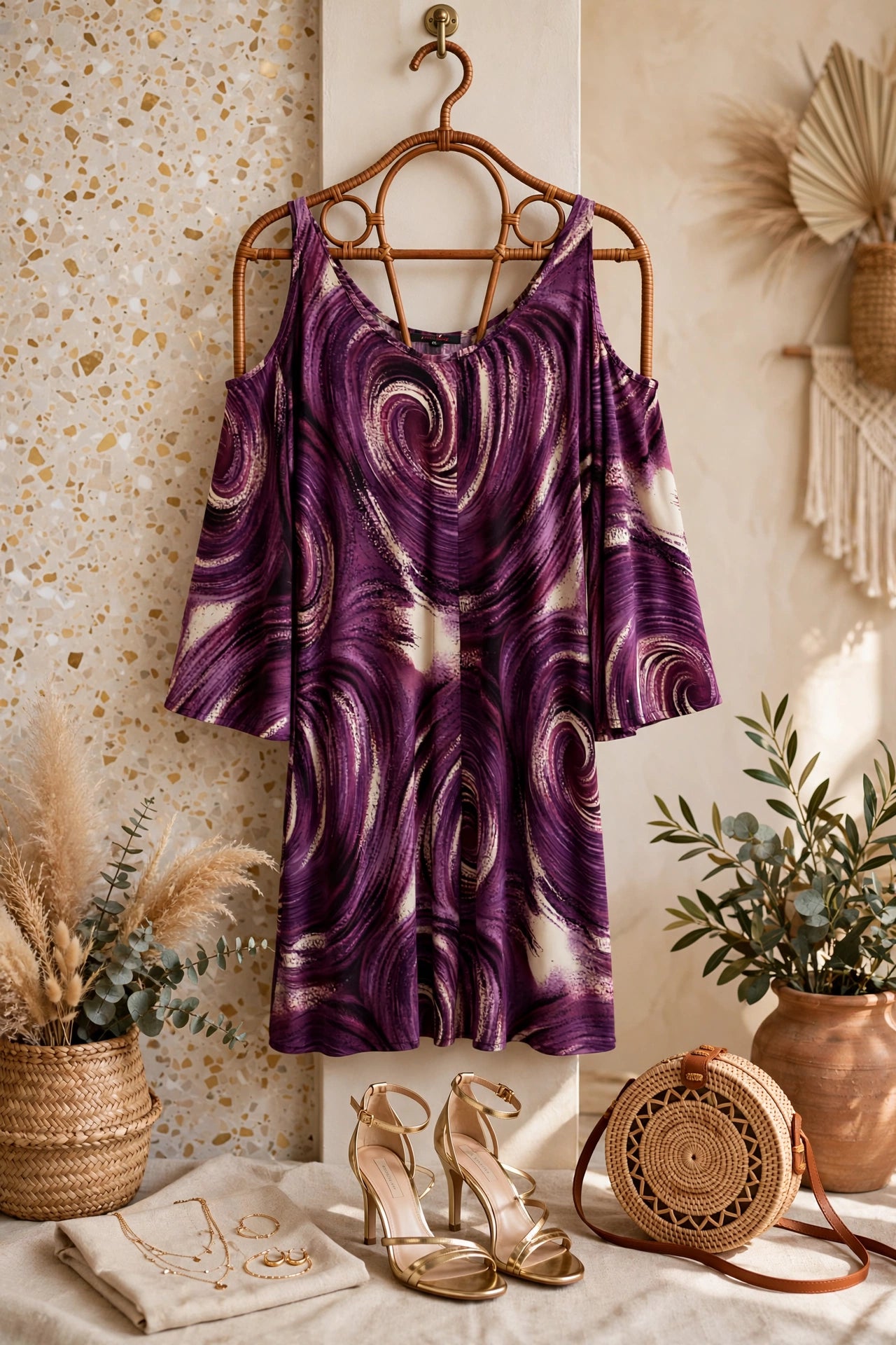 Crest La Vie Purple Swirl Cold-Shoulder Bell Sleeve Dress - Size Medium