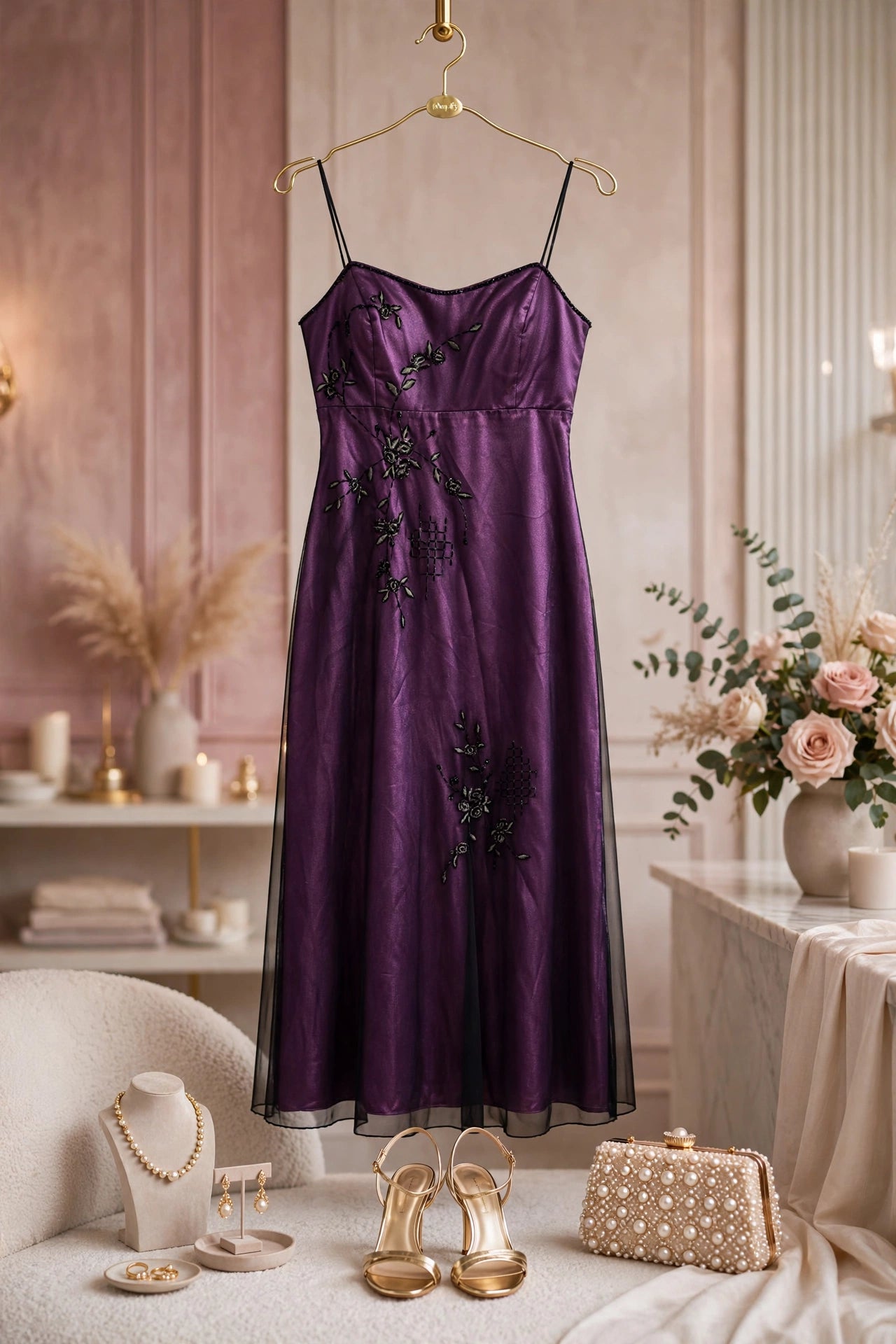 Purple Satin Embroidered Evening Gown - Size 38