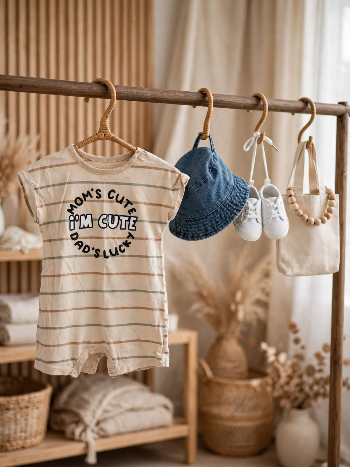 Woolies Baby "Mom's Cute I'm Cute Dad's Lucky" Striped Romper - Size 6 to 12 Months