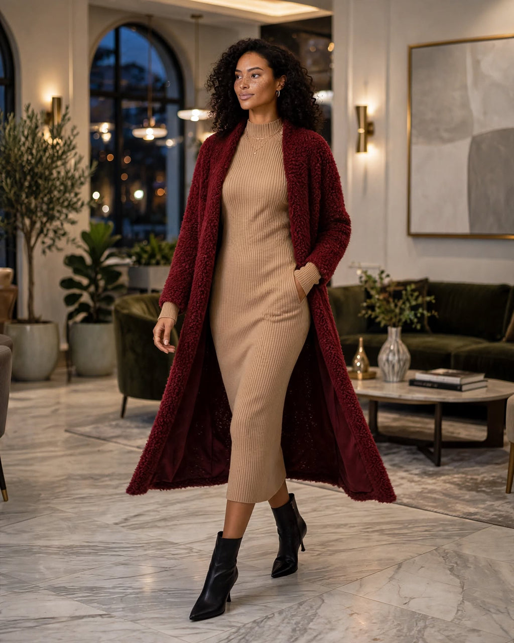Burgundy Long Bouclé Teddy Duster Cardigan - Size L