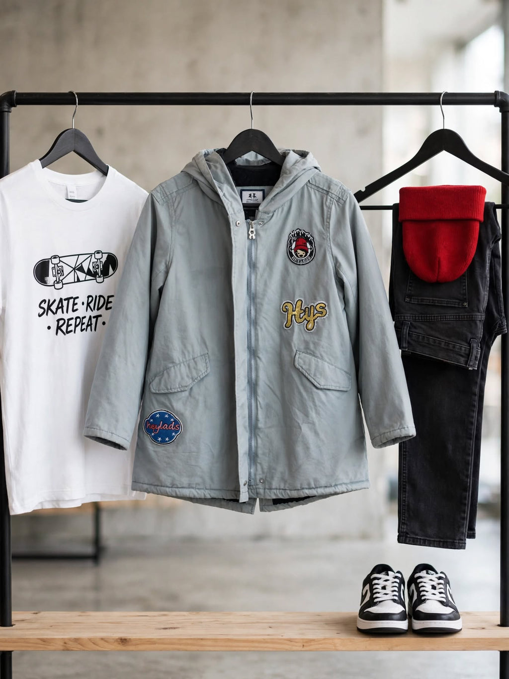 Hey Lads Grey Hooded Parka Jacket with Patches - Size 11-12 Years