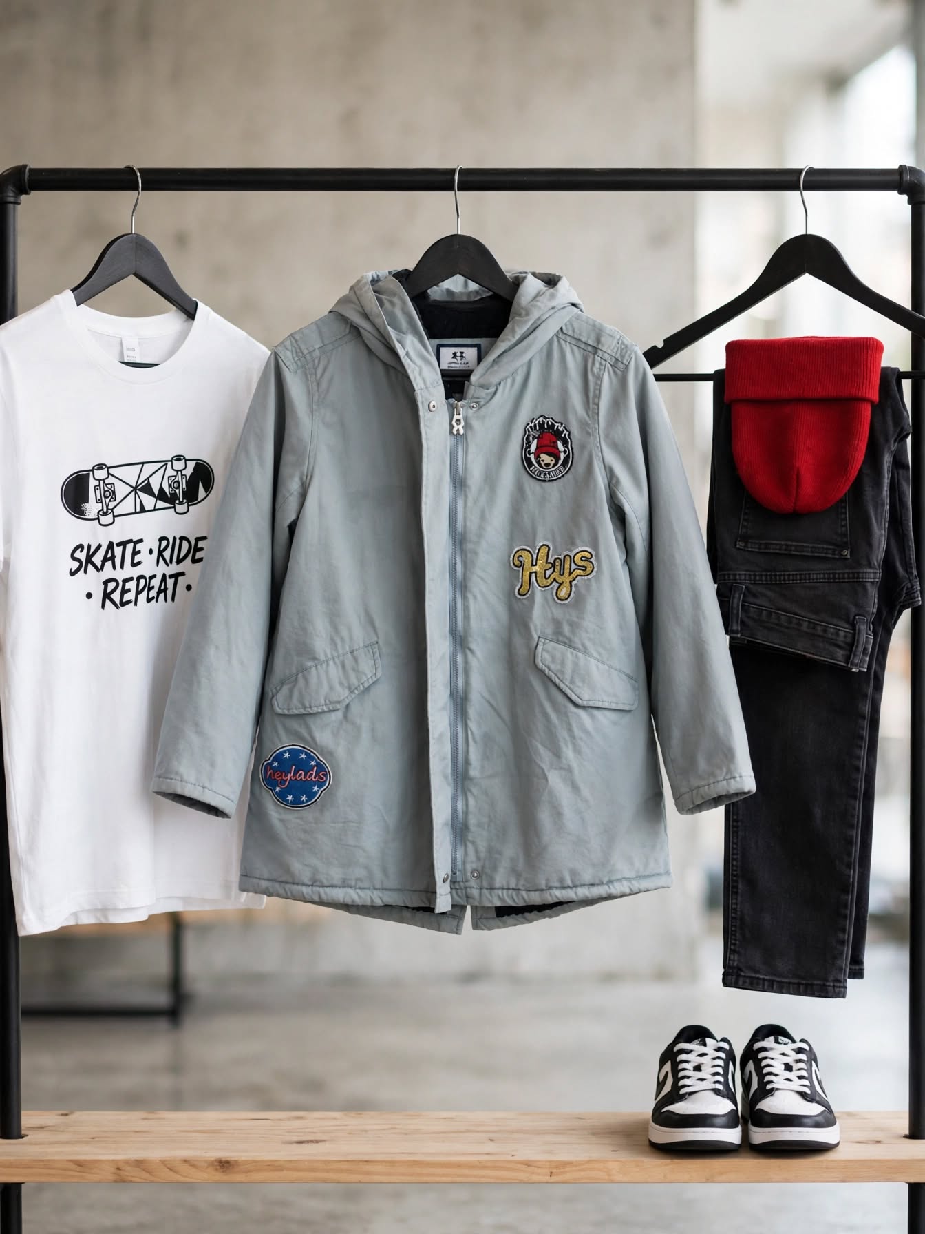 Hey Lads Grey Hooded Parka Jacket with Patches - Size 11-12 Years