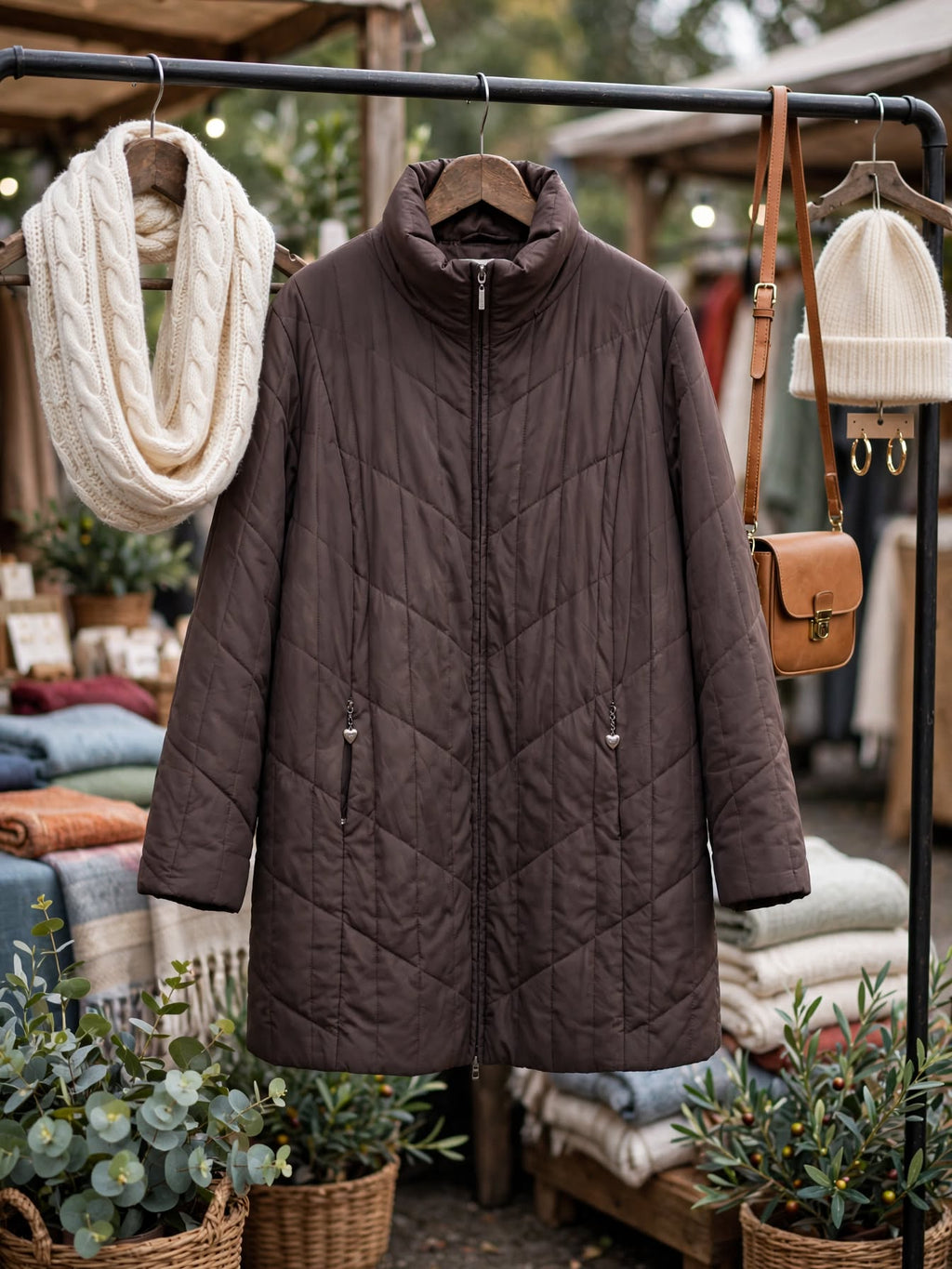Ulla Popken Brown Quilted Mid-Length Jacket - Size 2XL