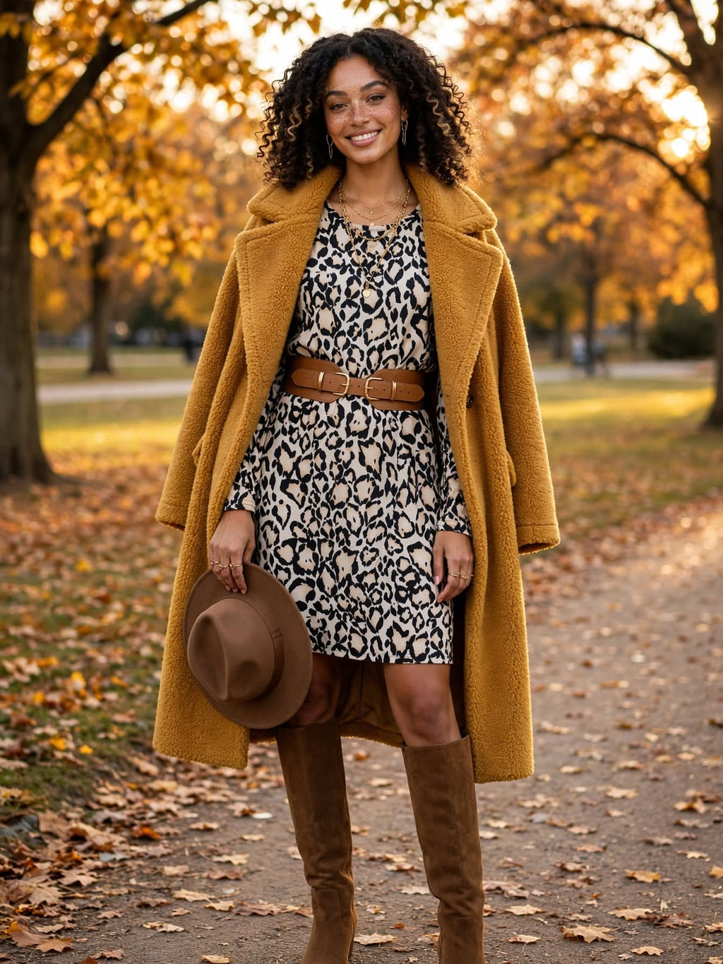 OMG Collection Leopard Print Long Sleeve Midi Dress - Size Medium