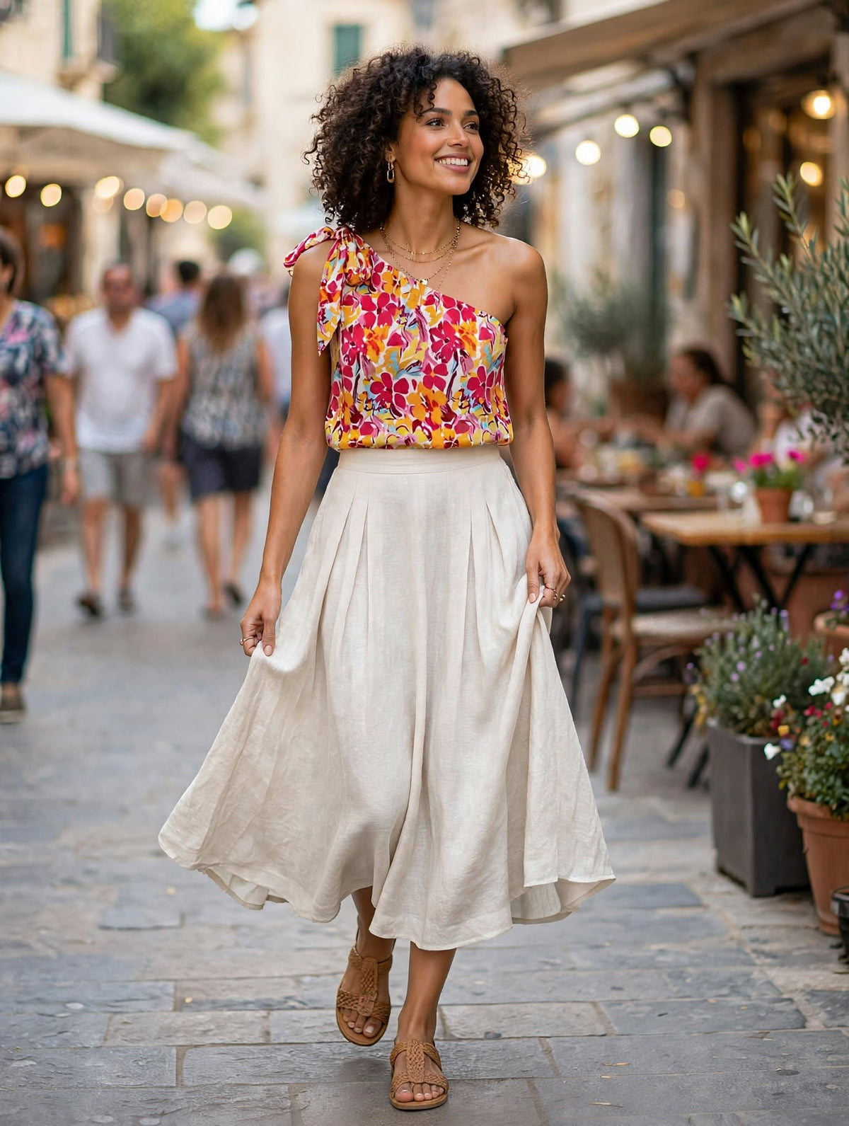 Floral Summer Festival One-Shoulder Tie Blouse - Size 36