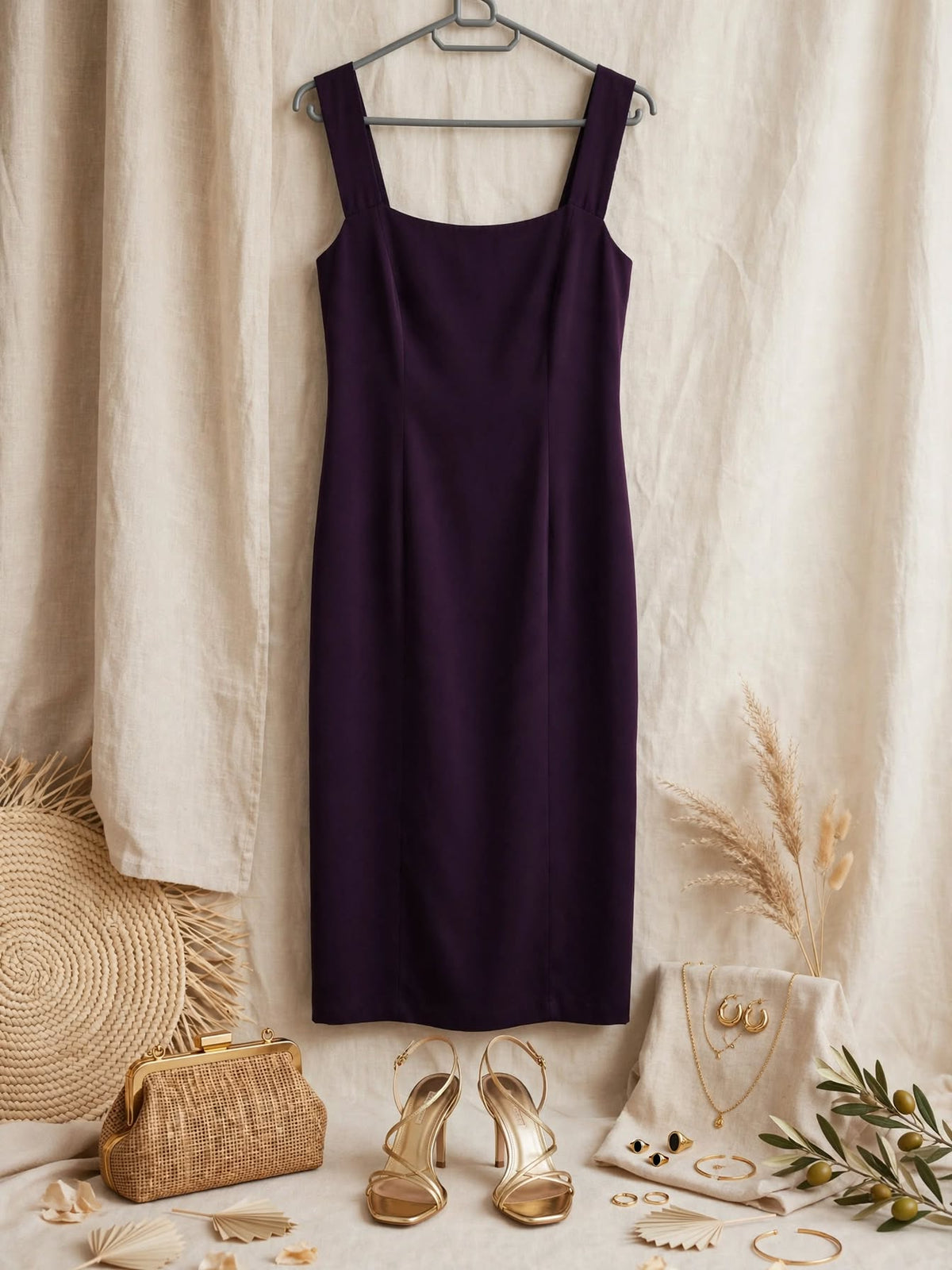 Aubergine Purple Square-Neck Midi Dress - Size Large