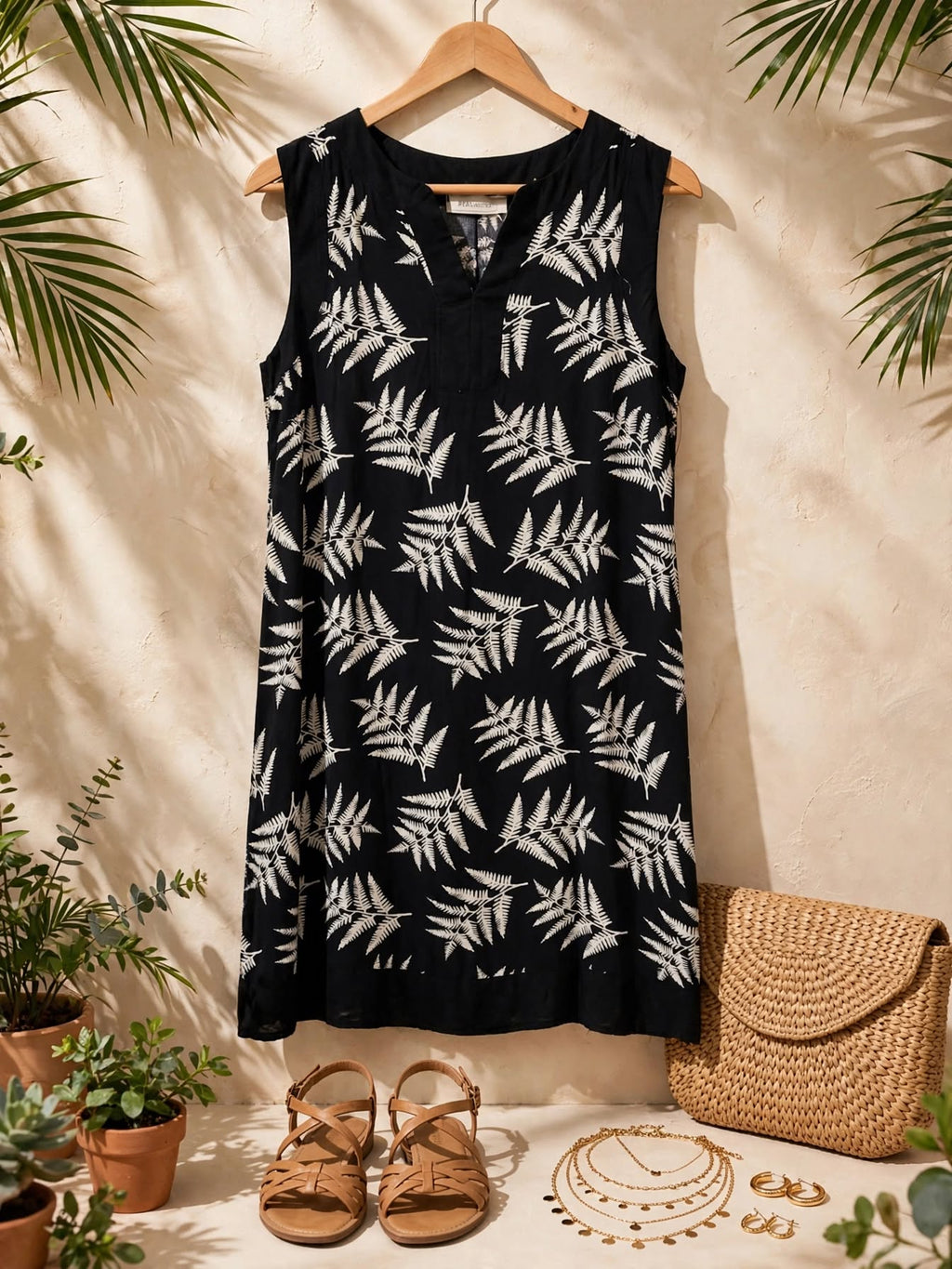 Botanical Black & White Fern Print Sleeveless Dress - Size Small
