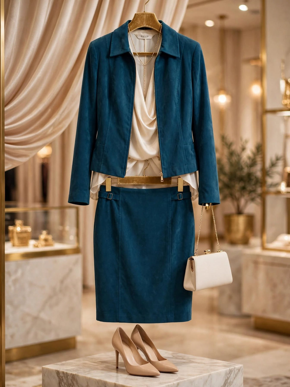 Miladys Vintage Teal Faux-Suede 2-Piece Zip Jacket & Pencil Skirt Set - Size 42