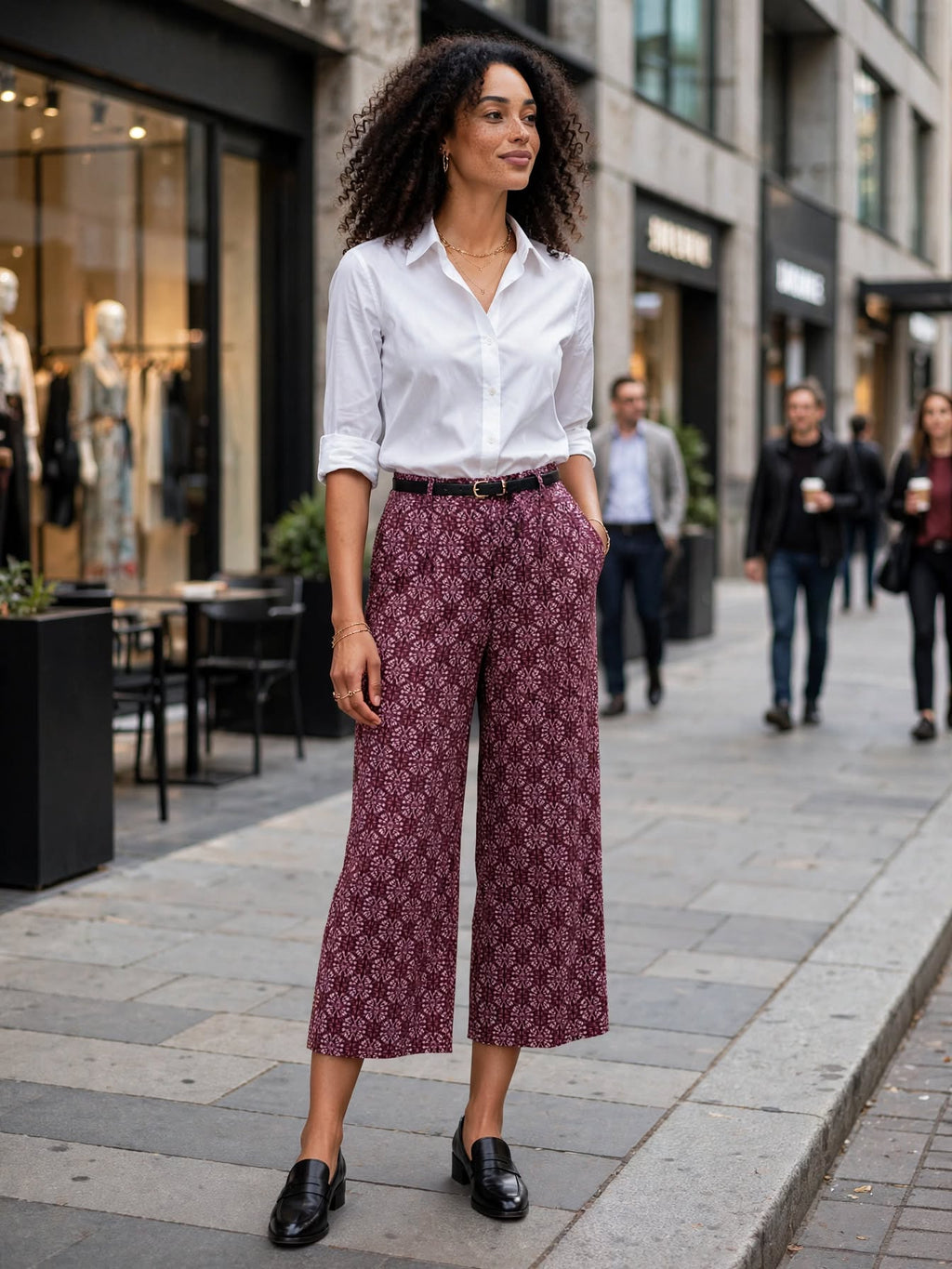 Ackermans Tango Burgundy Floral Wide-Leg Tie-Waist Culottes Pants - Size 38