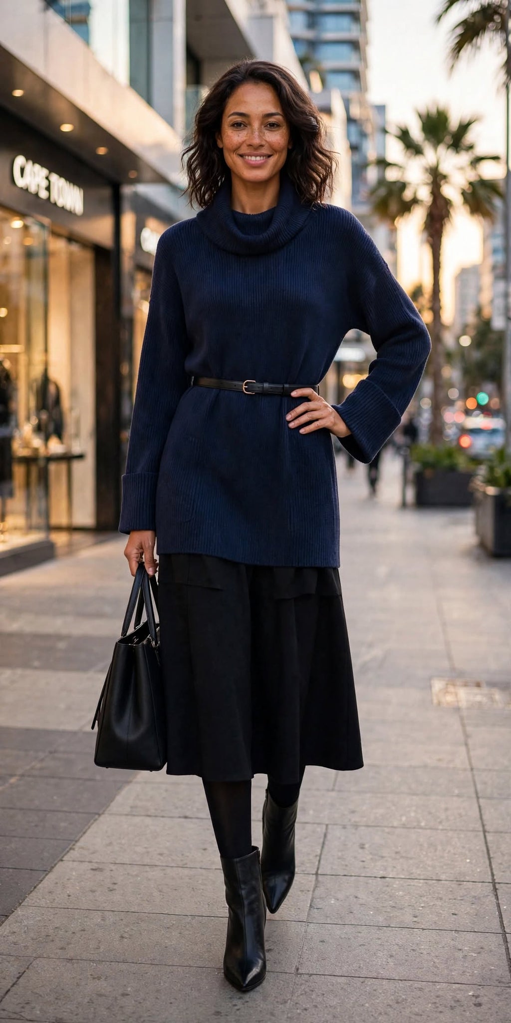Hayley Joy Navy Cowl Neck Ribbed Tunic with Pockets - Size Large