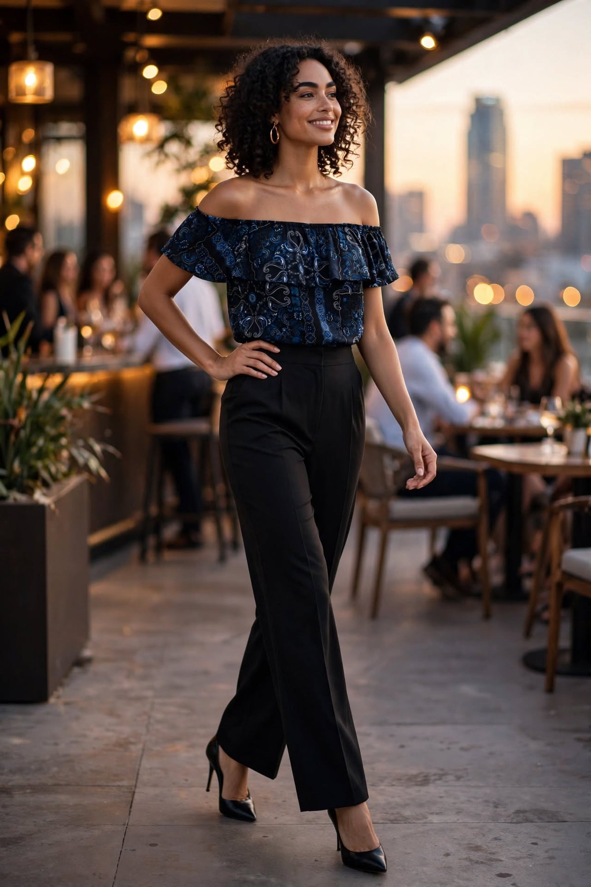 Audicity Midnight Bandana Paisley Off-Shoulder Ruffle Blouse - Size 2XL