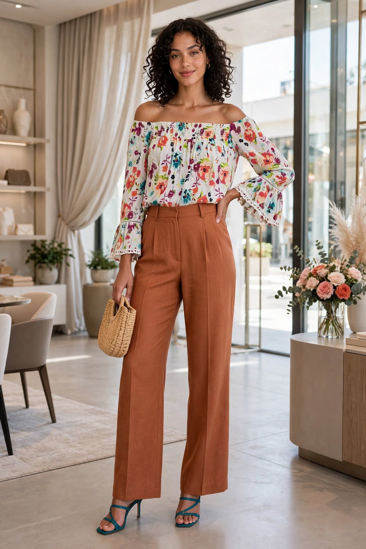 Terra & Sky Floral Off-Shoulder Boho Blouse - Size 42