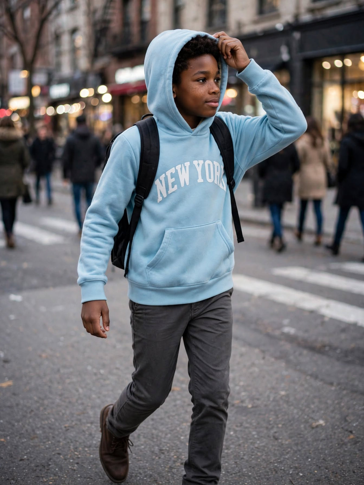 Boys Light Blue "NEW YORK" Hoodie - Fleece Lined Pullover - Size 11 to 12 Years