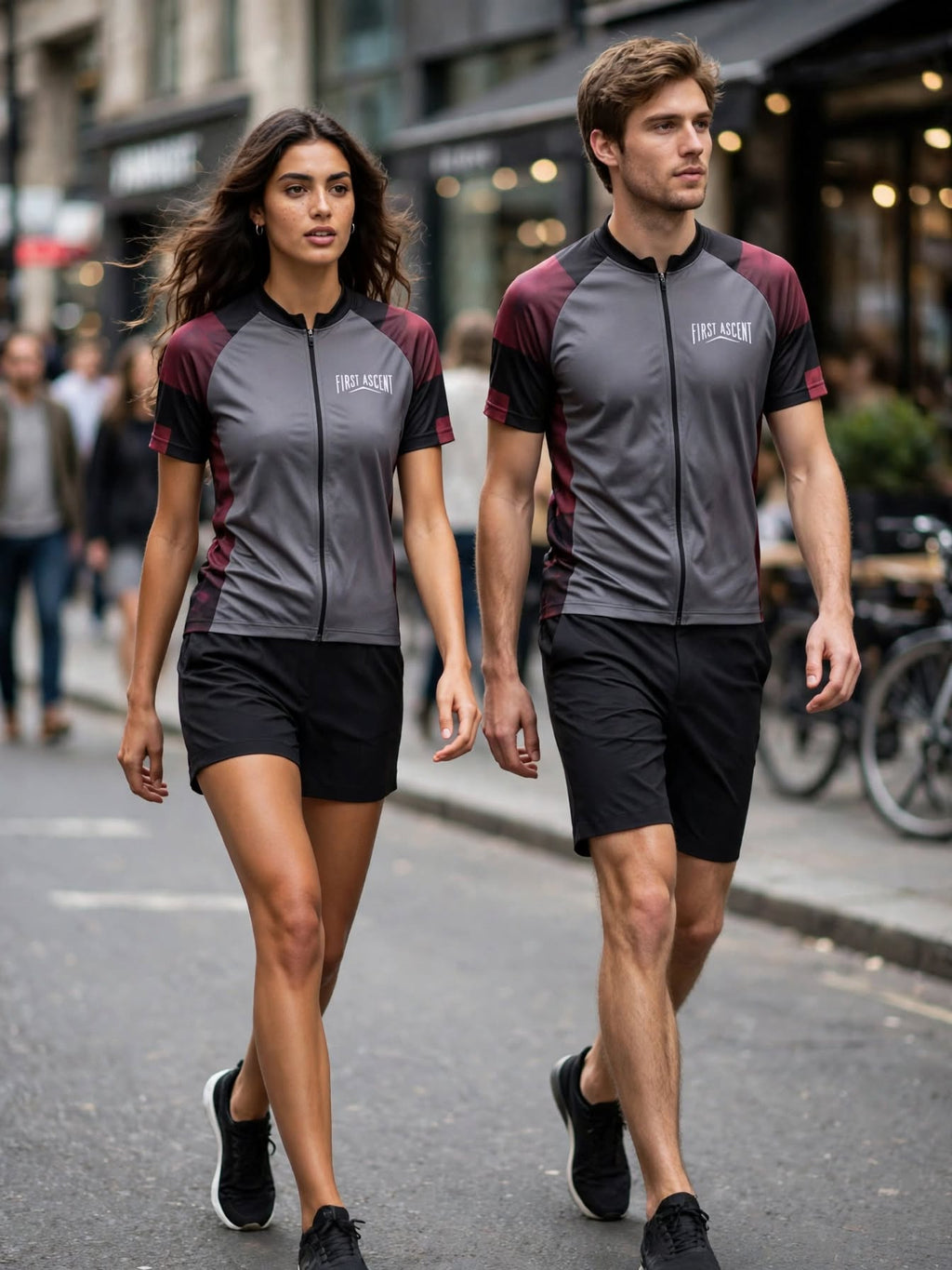 First Ascent Unisex Grey Maroon, Burgundy & Black Zip Cycling Shirt - Size Large