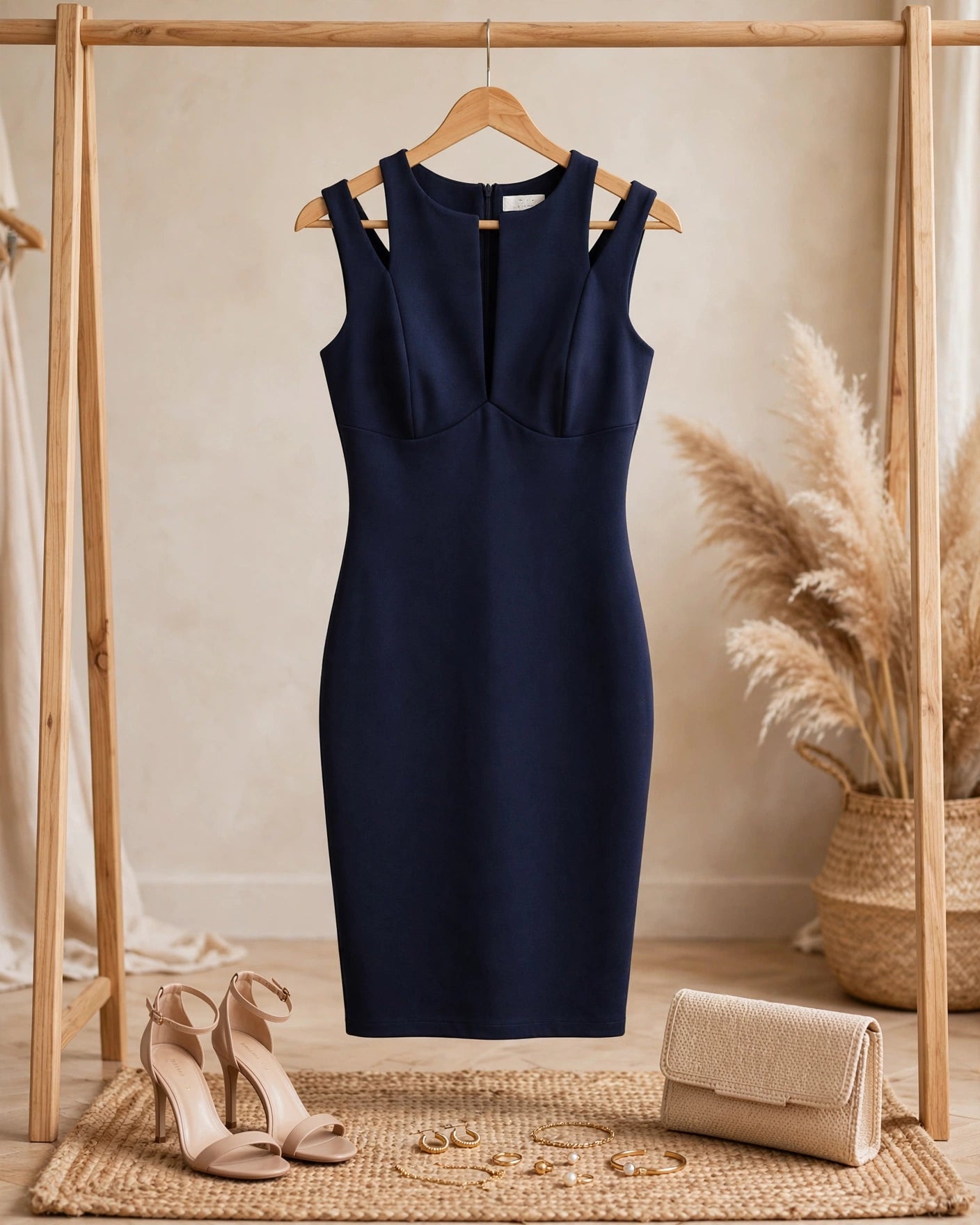 Elegant City Goddess Navy Sleeveless Bodycon Midi Cocktail Dress - Size 36