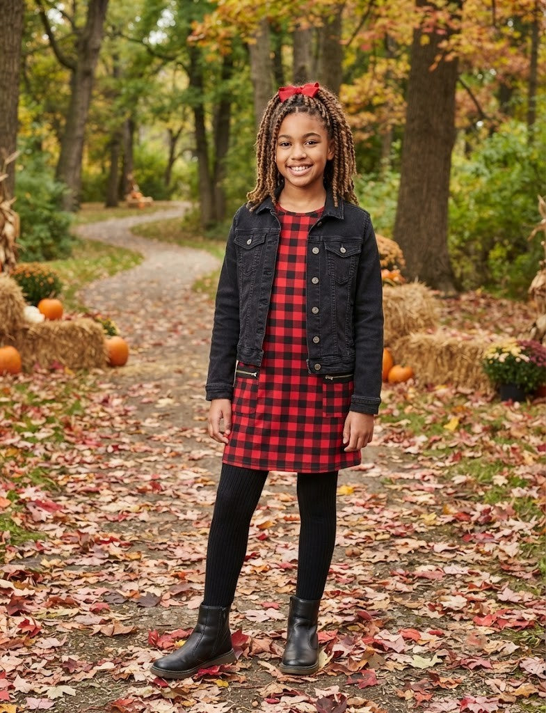 Pre-Loved Girls' Red & Black Buffalo Check Shift Dress – Size 11-12 Years