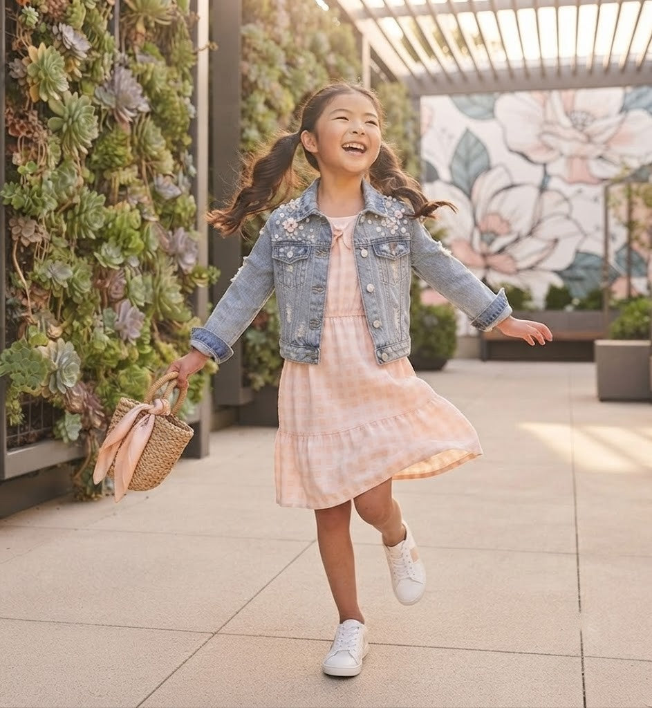 REAL Kids Size 9-10 Girls Peach Gingham Bow-Detail Dress