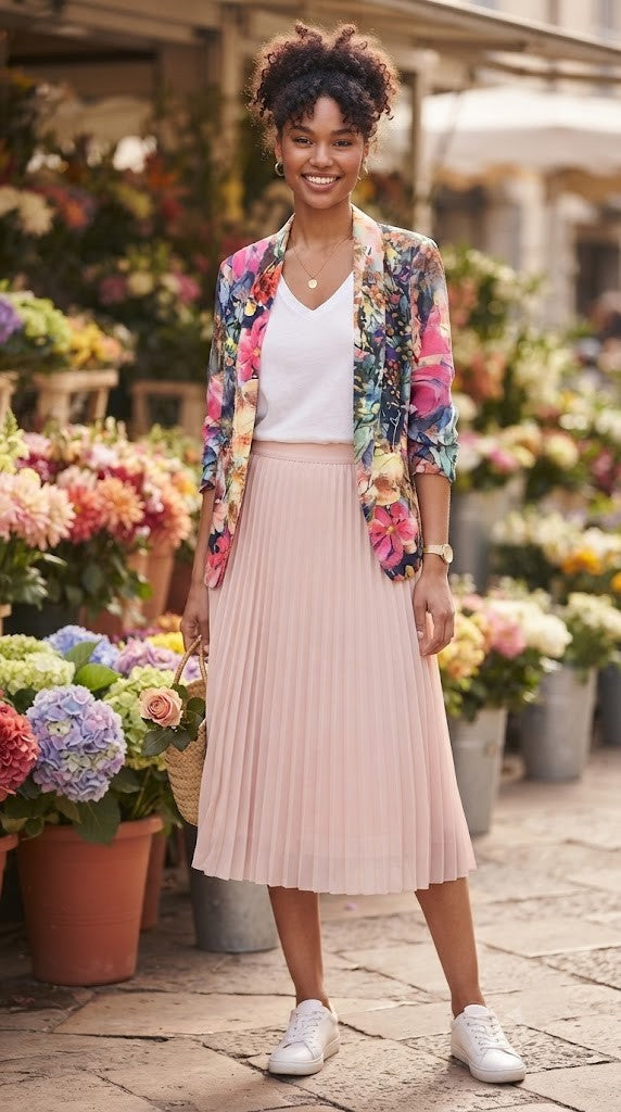 Vibrant Floral Print Ruched-Sleeve Blazer – Size Small