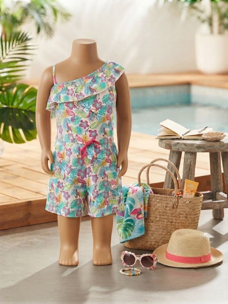 Qtee Girls' Butterfly-Print One-Shoulder Jumpsuit – Size 7-8 Years, Excellent Condition