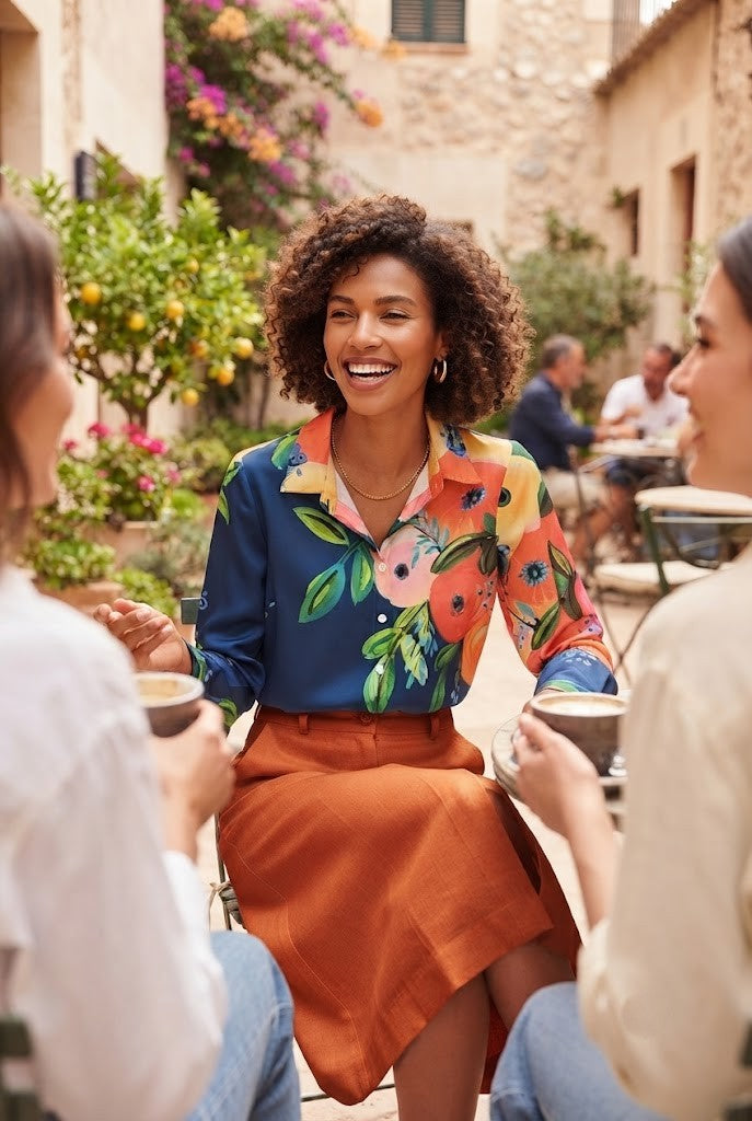 Vibrant Floral Print Long-Sleeve Blouse – Women's Medium