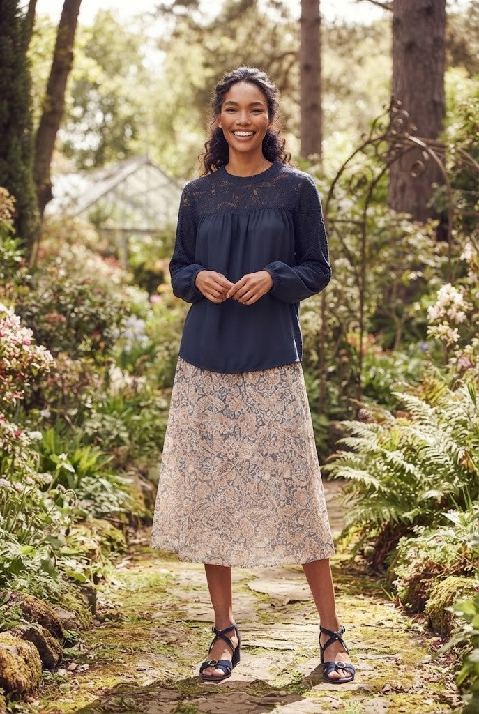 Donna Claire Navy Lace-Trimmed Blouse – Elegant Long Sleeve Top, Size 52
