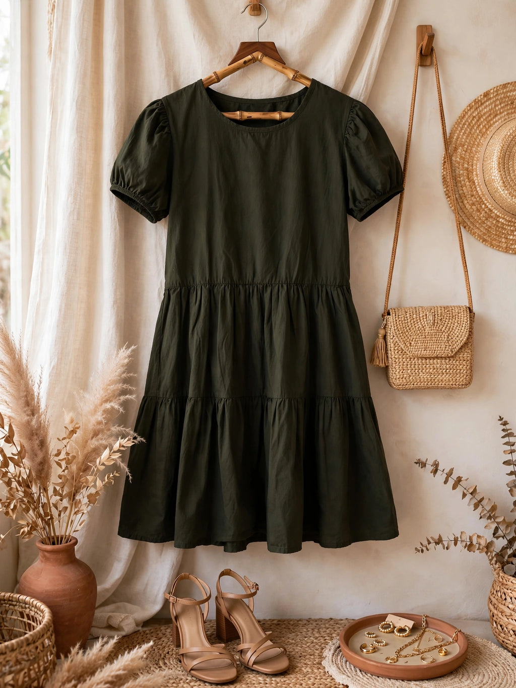 Women's Olive Tiered Babydoll Inwear Mini Dress - Size 32