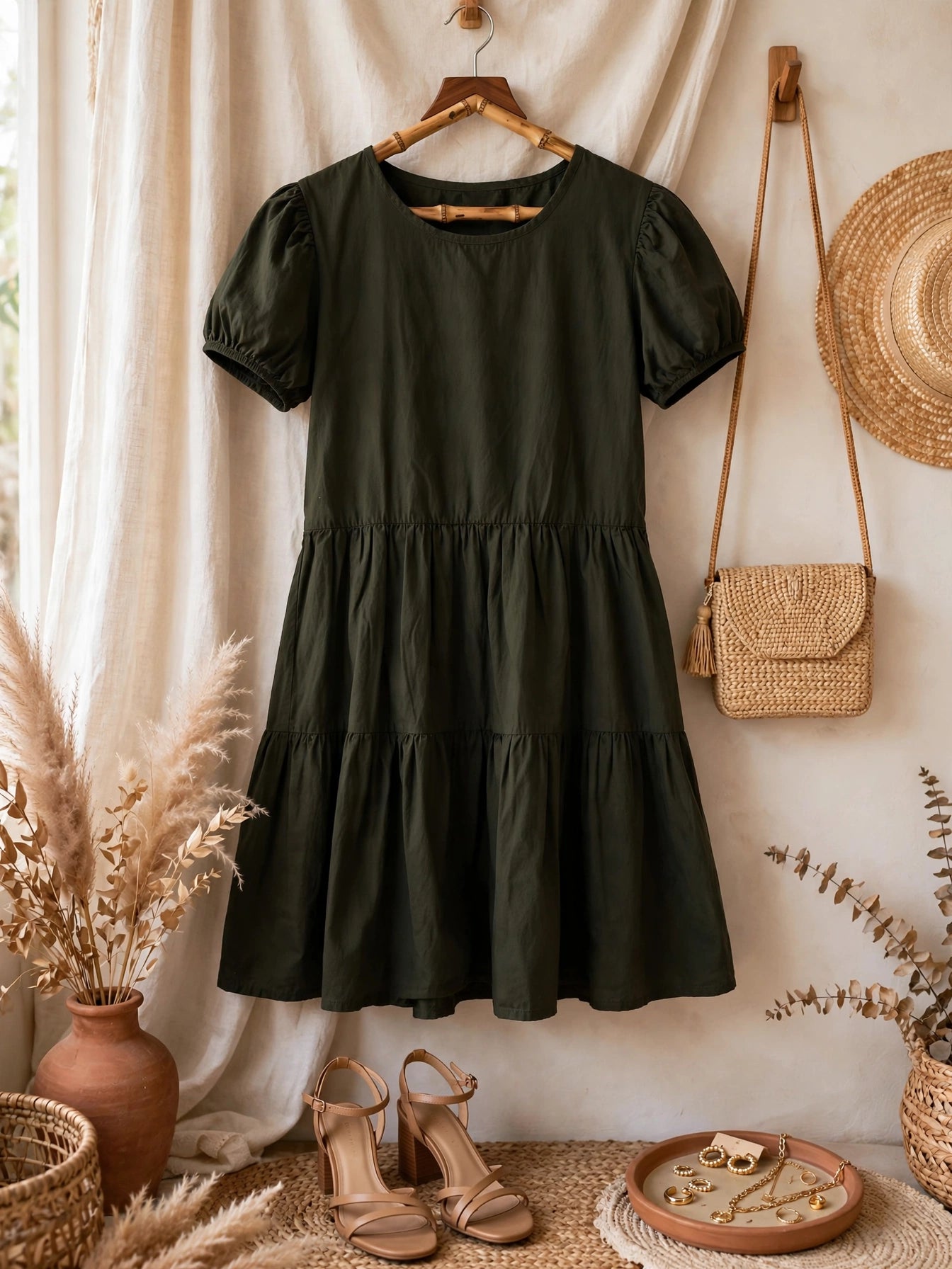 Women's Olive Tiered Babydoll Inwear Mini Dress - Size 32