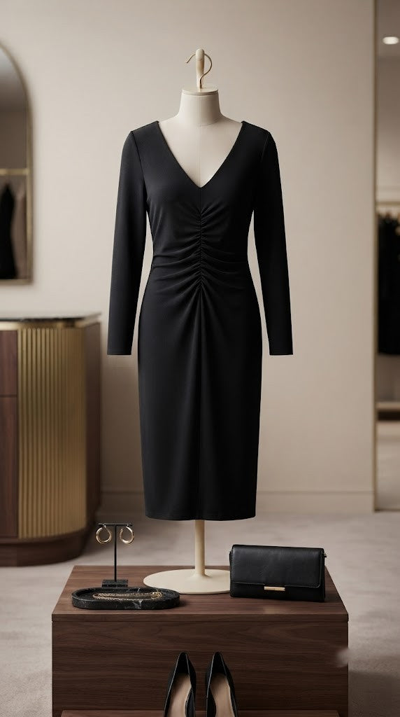 Witchery Elegant Ruched V-Neck Midi Dress – Black – Size L