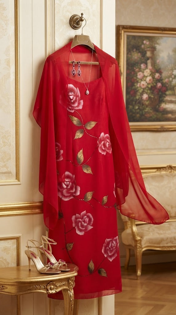 Elegant Hand-Painted Rose Floral Maxi Dress with Matching Shawl - Size M