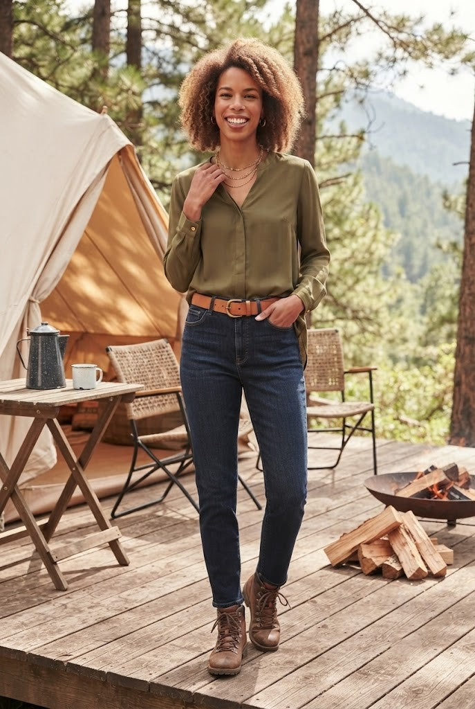 Oasis Long-Sleeve Olive Utility Blouse | Women’s Size 32