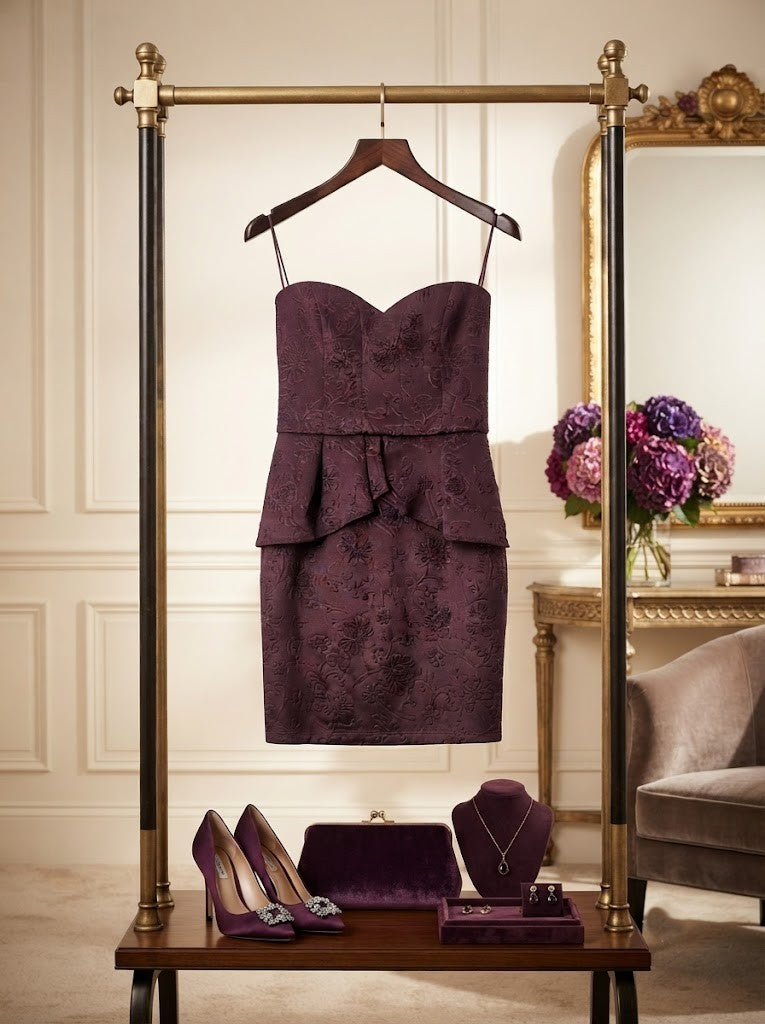 Elegant Floral Textured Peplum Dress – Deep Plum, Size Medium
