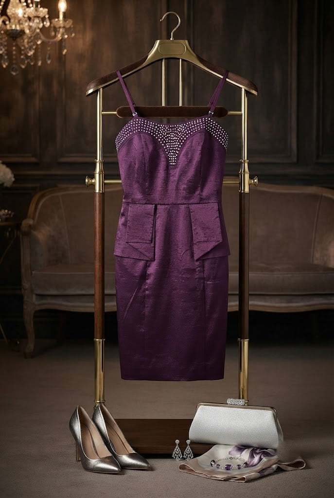 Midnight Plum Embellished Peplum Cocktail Dress - Identity Brand (Size 38)
