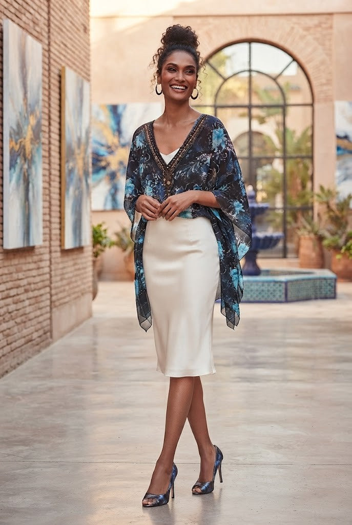 Blue Floral Embellished V-Neck Chiffon Shawl/Kaftan – Excellent Condition (Size 2XL)