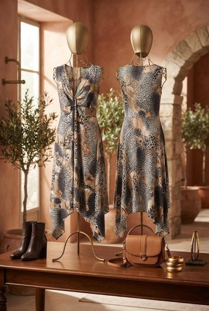 Chic Animal-Print Asymmetrical Hem Midi Dress – Size M, Excellent Condition