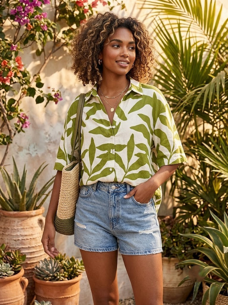 Foschini Green & White Leaf Print Button-Down Blouse - Size Large