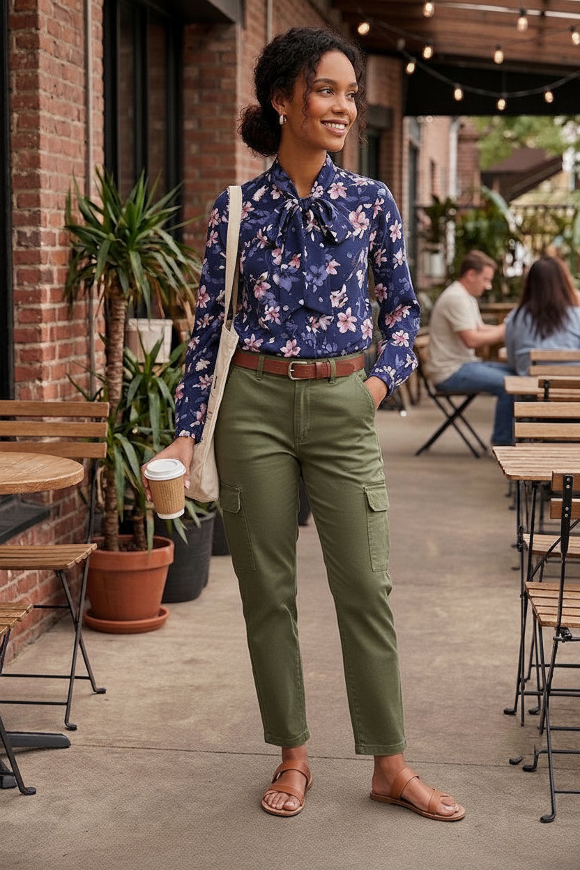Navy Blue Floral Bow-Tie Blouse - Size Medium