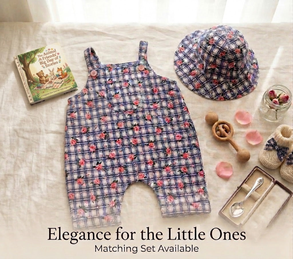 Vintage-Inspired Plaid & Rose Print Jumpsuit and Matching Bucket Hat - Size 18-24 Months